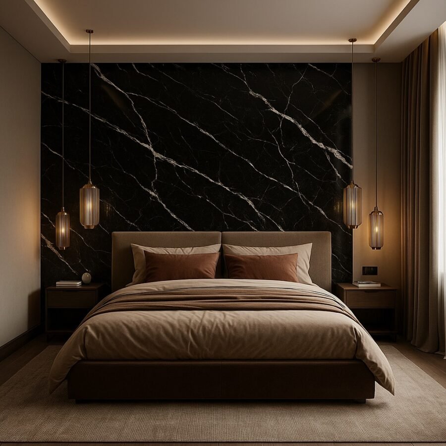 PVC sienų plokštė BLACK WHITE 122x280 cm – juodo marmuro imitacija su baltomis gyslomis, 2,8 mm