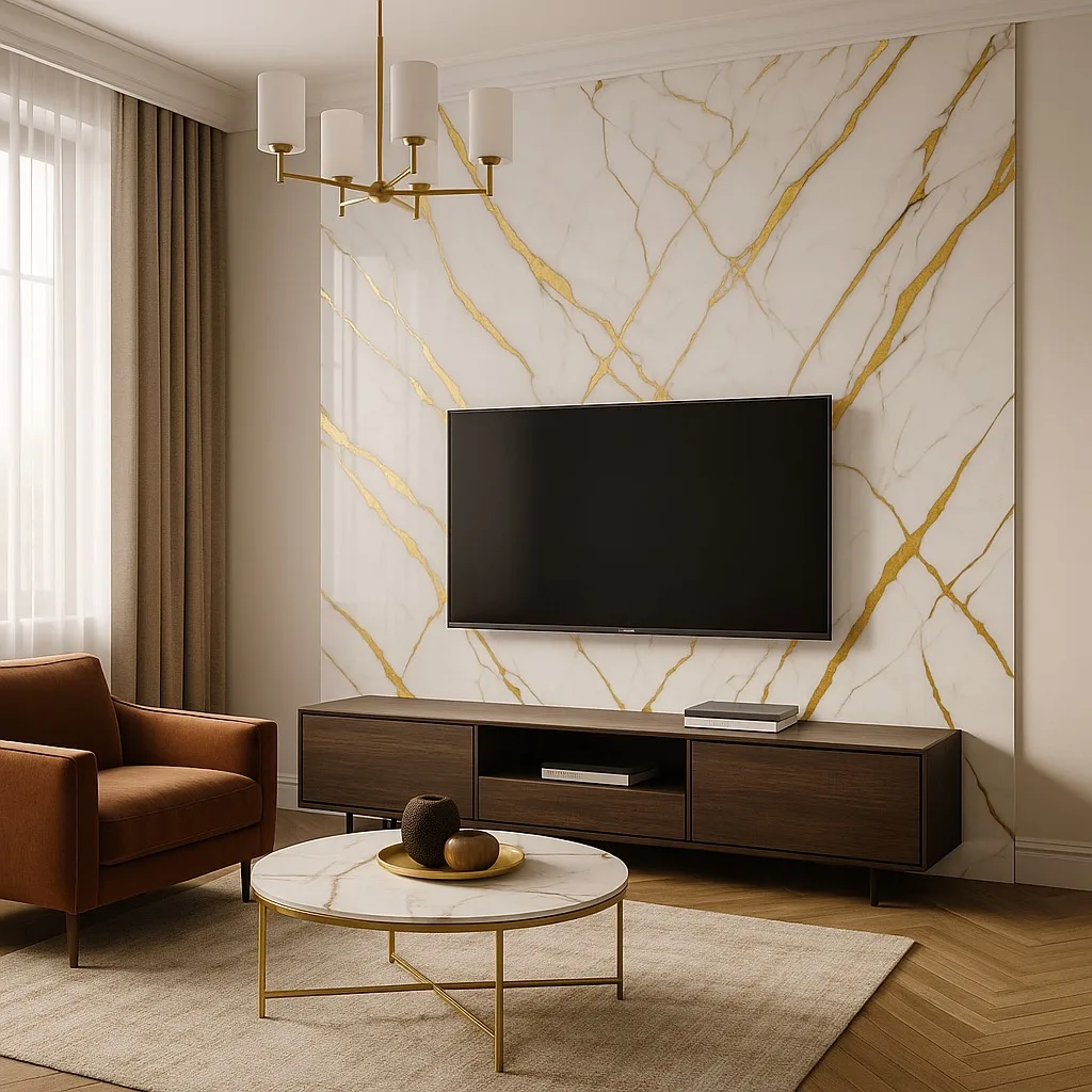PVC sienų plokštė CARRARA GOLD 122x280 cm – marmuro imitacija su auksinėmis gyslomis, 2,8 mm