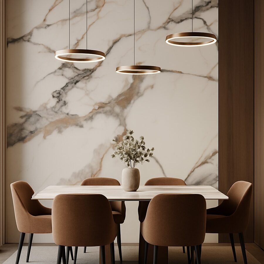 PVC sienų plokštė CALACATTA GOLD 122x280 cm – balto marmuro imitacija su auksinėmis gyslomis, 2,8 mm