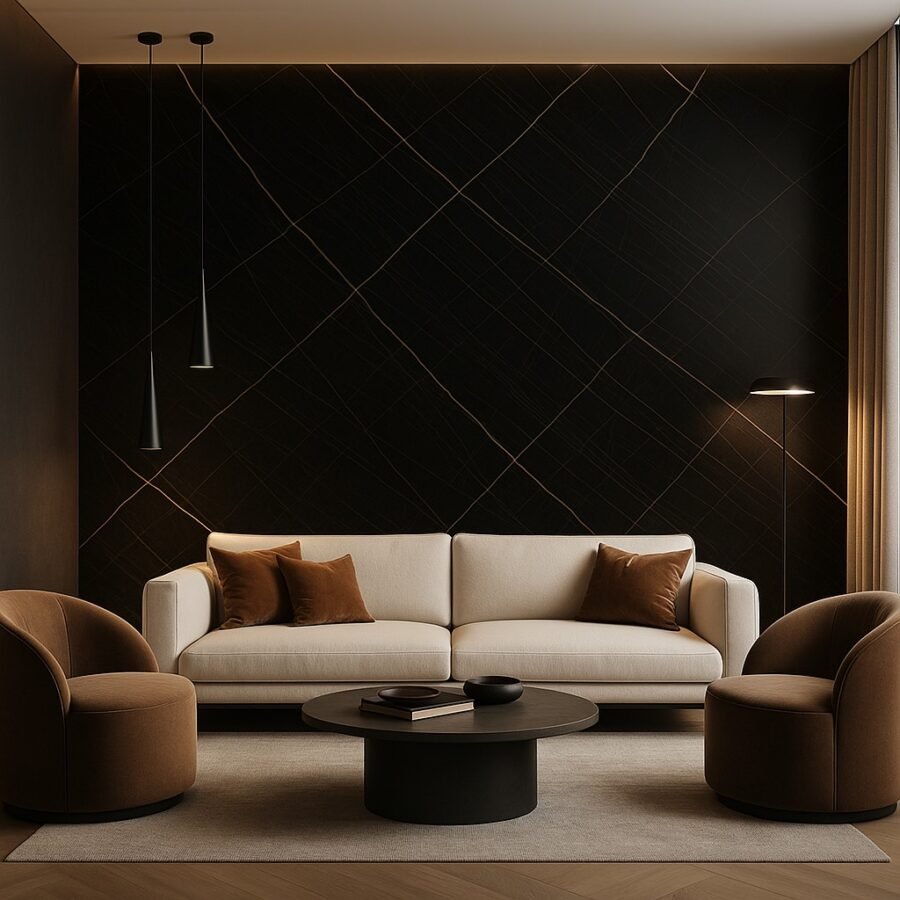 PVC sienų plokštė SAHARA BLACK 122x280 cm – juodo marmuro imitacija su auksinėmis gyslomis, 2,8 mm