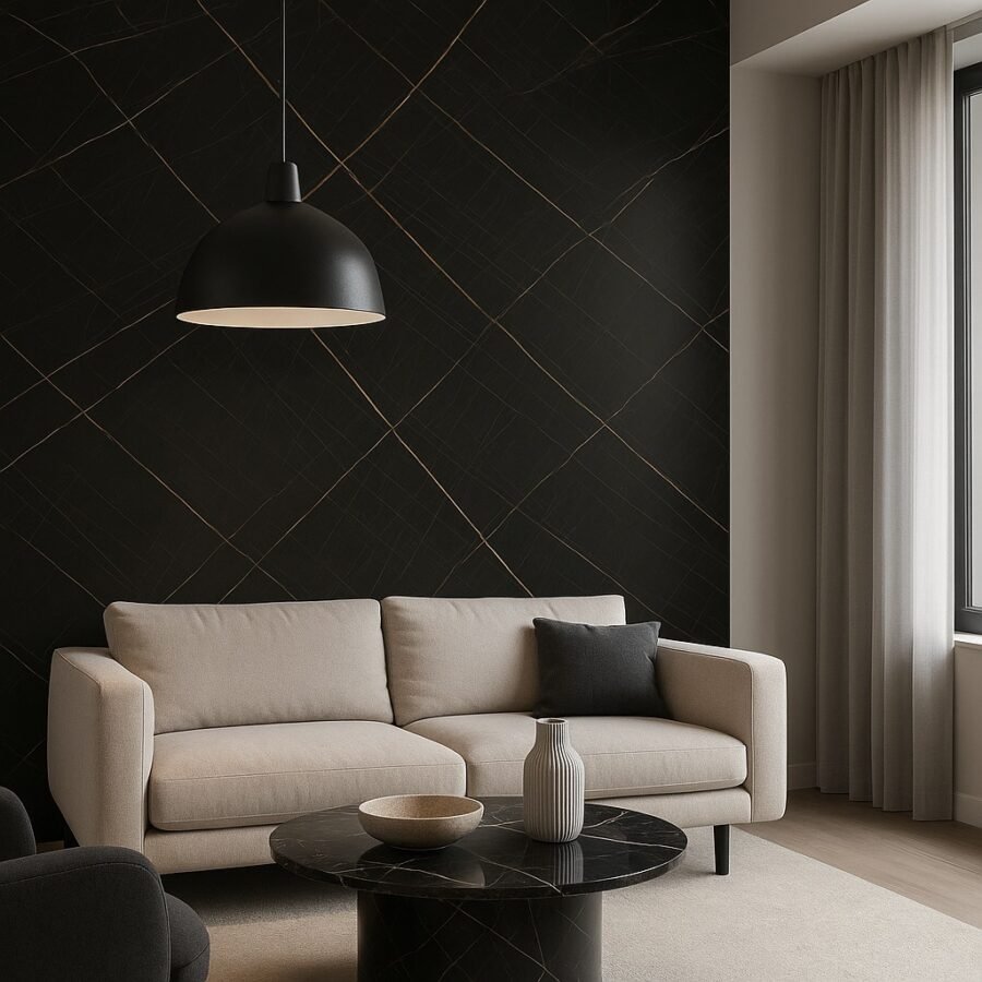 PVC sienų plokštė SAHARA BLACK 122x280 cm – juodo marmuro imitacija su auksinėmis gyslomis, 2,8 mm
