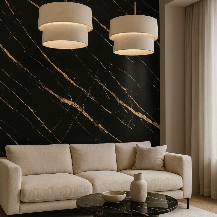 PVC sienų plokštė BLACK GOLDEN 122x280 cm – juodo marmuro imitacija su auksinėmis gyslomis, 2,8 mm