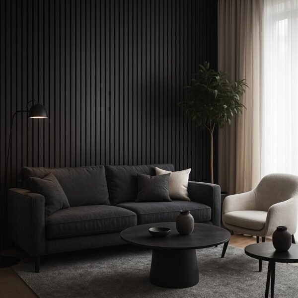 Akustinė plokštė ANTHRACITE GREY 280-ECO – dekoratyvinė lamelių siena su garsą sugeriančiu pagrindu