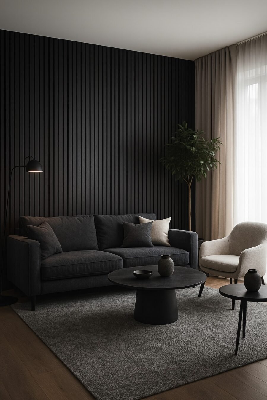 Akustinė plokštė ANTHRACITE GREY 280-ECO – dekoratyvinė lamelių siena su garsą sugeriančiu pagrindu