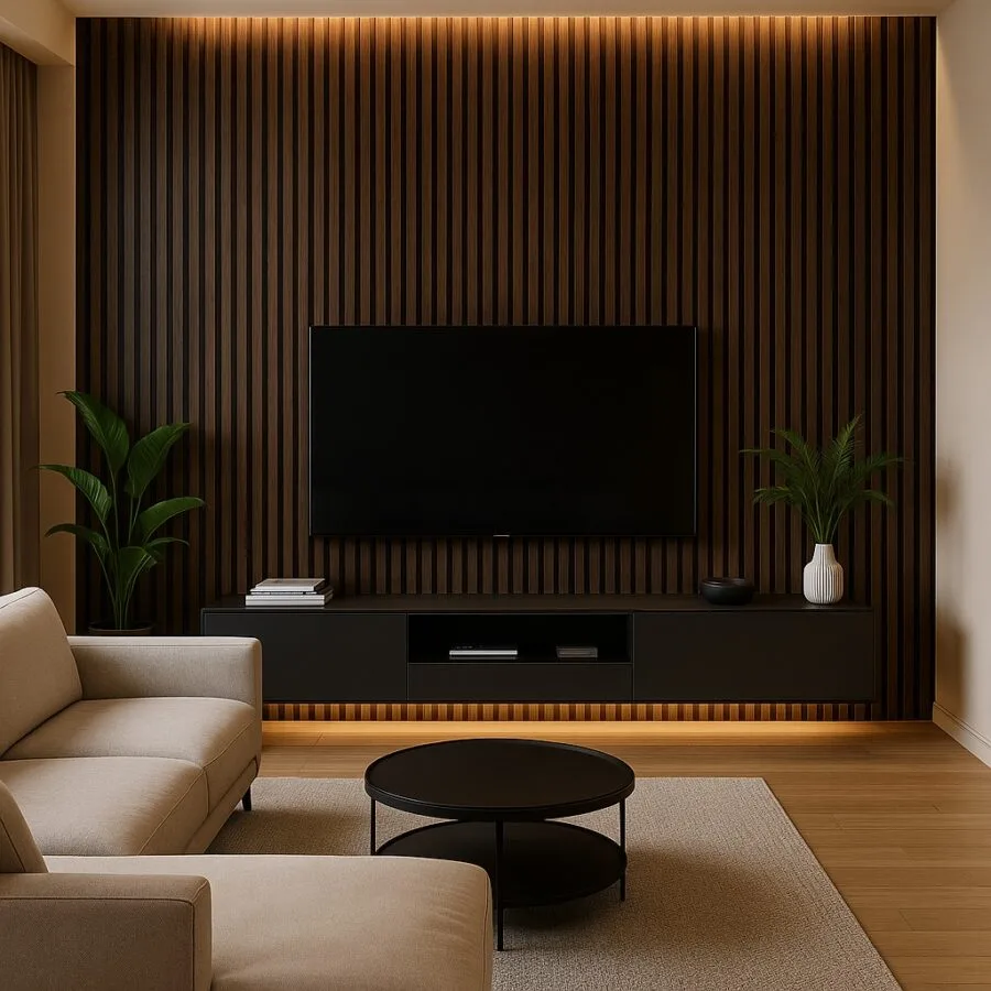 New Walnut akustinė sienų plokštė 60x280 cm – riešutmedžio vertikalus dizainas