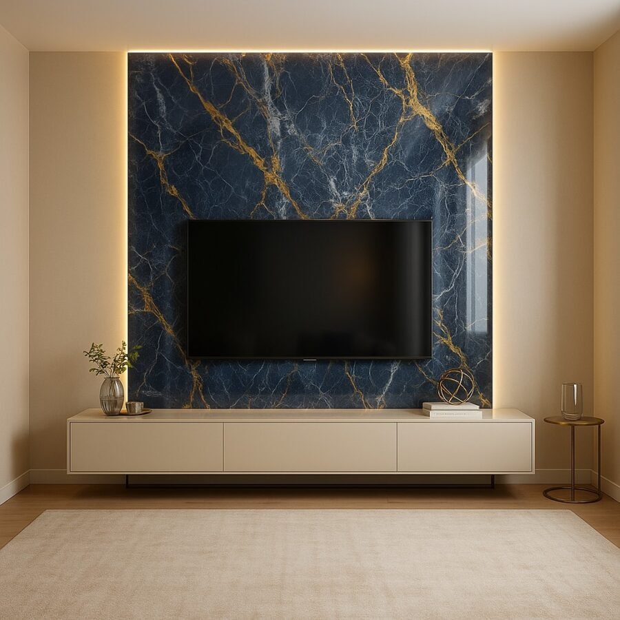 Blue Gold Marble PVC plokštė 122x280 cm, 2.8 mm – mėlynas marmuras su auksinėmis gyslomis